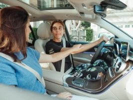 mom and son in car